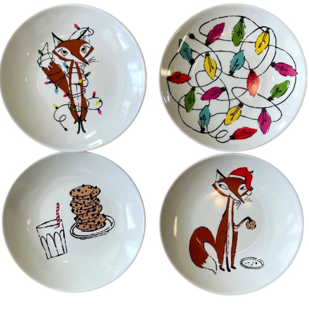 ♠️Kate Spade NEW Melamine Tidbit Plates 6in Holiday 🎄Festive Foxes Set of 4
